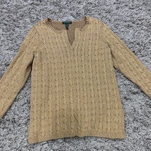 Lauren Ralph Lauren Gold and Camel Metallic V-Neck Sweater